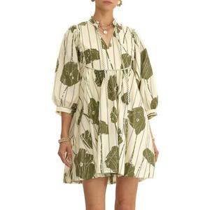 EZAPINE Women Floral Babydoll Mini Dress V Neck 3/4 Puff Sleeves A Line Flowy Swing Summer Sun Dresses L