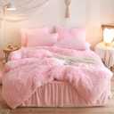 Fluffy Pink Comforter Cover Queen Set, Soft Furry Shaggy Pink Bedding Queen Set 3 Pieces (1 Fuzzy Duvet Cover + 2 Faux Fur Pillow Cases) Fluffy Bed Set, Zipper Closure