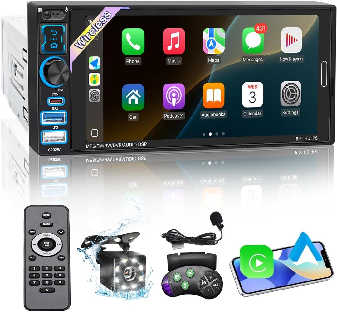 Single Din Car Stereo with Wireless Apple Carplay & Android Auto, 6.9" IPS Touchscreen Radio Bluetooth 5.2, Physical Knob Control, Waterproof Backup Camera, FM, Mirror Link, USB/Type-C, Navigation