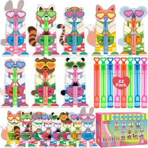 Valentines Day Gifts for Kids, 32 Pack Mini Bubble Wands with Greeting Cards Valentines Animal Themes for Kids, Valentine's Day School Prizes Party Favor, Classroom Exchange Gifts