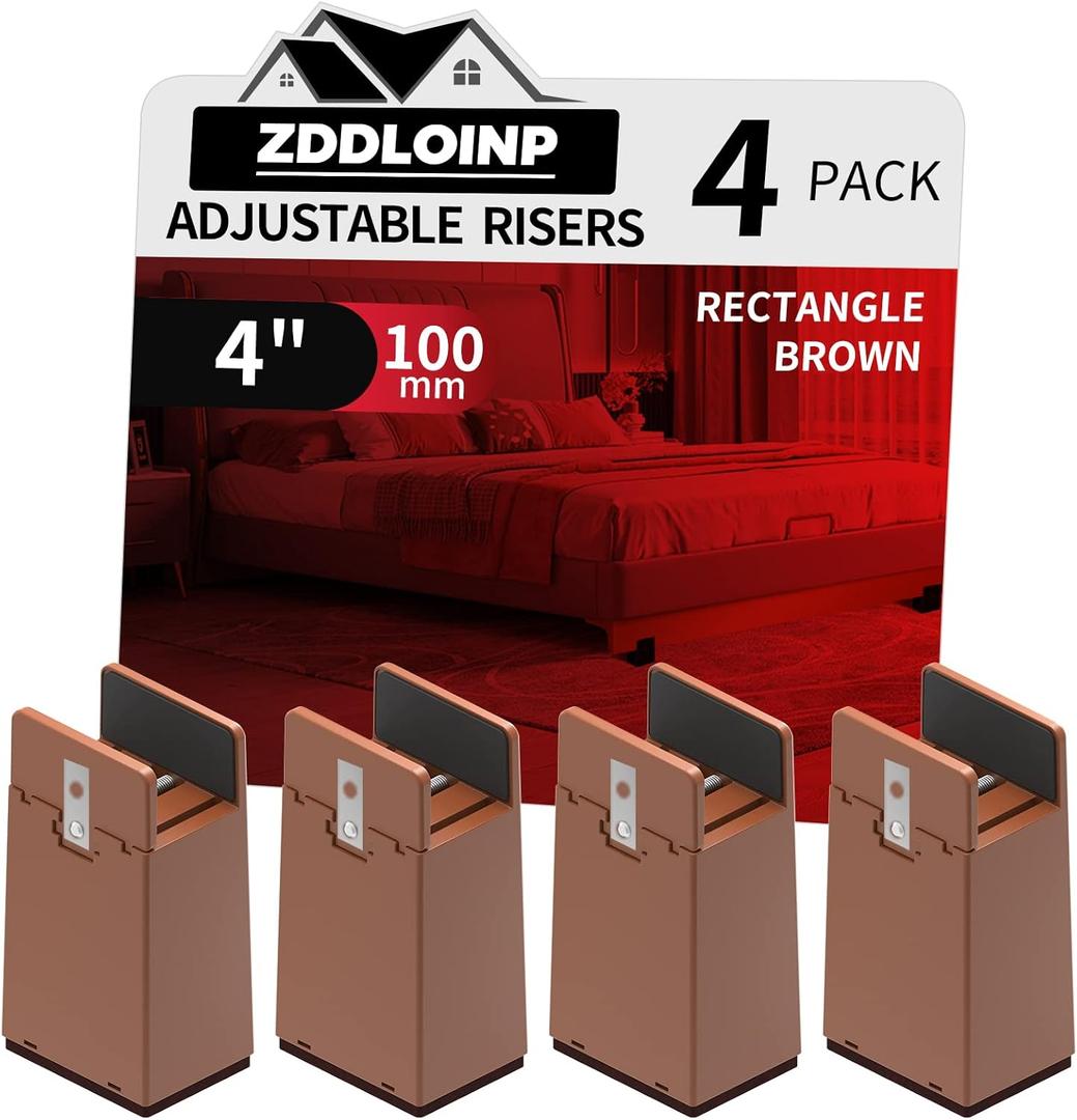 Bed Risers with Adjustable Screw Clamp, Fits Foot Thickness of Bed from 0 to 1.5 Inch, Elevation in Heights 4 Inch Heavy Duty Risers for Sofa Desk Table Cabinet Supports (4Pack, Brown)