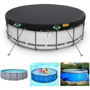 HIGHTQURO 15Ft Round Pool Cover,Heavy Duty Waterproof Round Pool Covers for Above Ground Pools with Ground Nails and Windproof Ropes,Increase Stability&Tear-Resistant, Waterproof and Dustproof, Black
