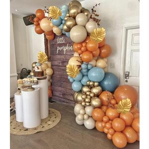PageebO Fall Balloon Arch Kit, Burnt Orange Dusty Blue Beige Sand White Balloons with Artificial Gold Leaves for Fall Decorations for Home Autumn Harvest Thanksgiving Fall Baby Shower Wedding Decor