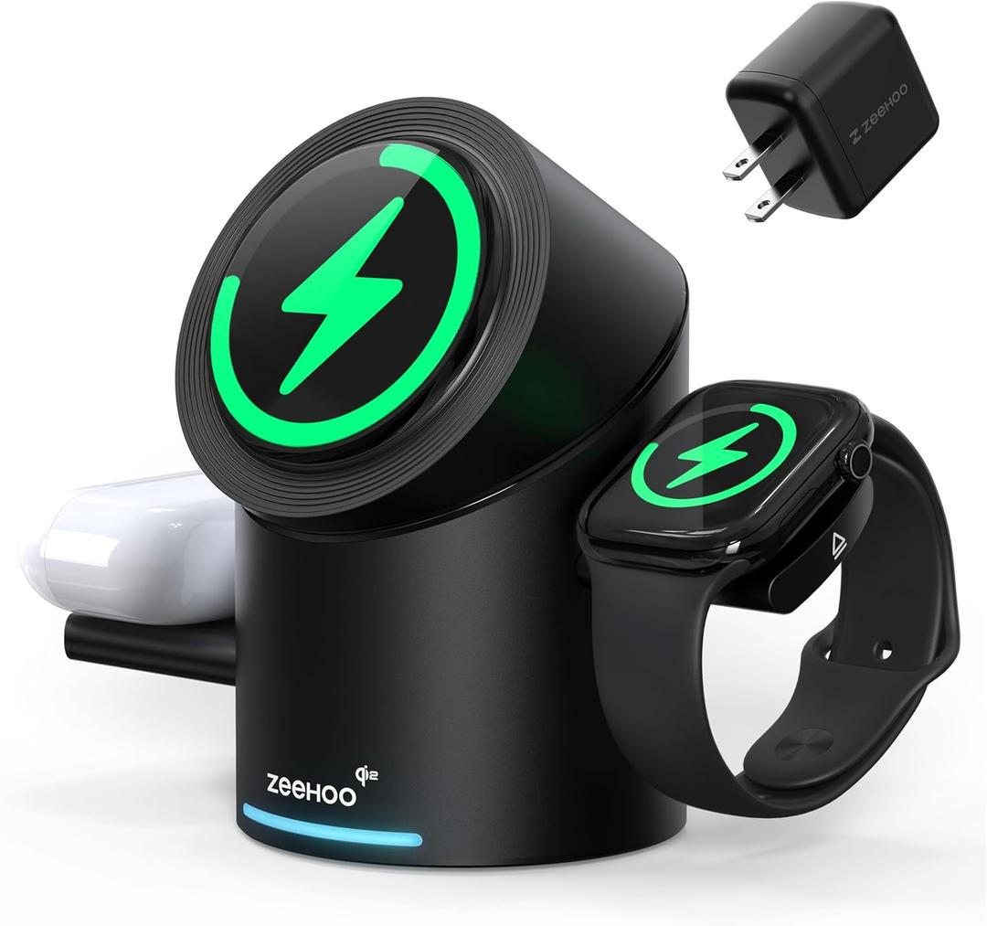 ZEEHOO 3 in 1 Charging Station for Apple Devices, Mag-Safe Charger Stand, Qi2 15W Auto-Rotating Wireless Charging Station for iPhone 16/15/14/13/12 Series& AirPods& iWatch (Black)