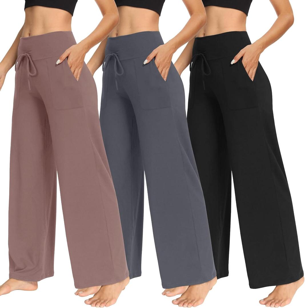 TNNZEET 3 Pack Women's Wide Leg Pants with Pockets - Casual Loose Yoga Trouser Pants Sweatpants Palazzo Lounge Pajama Pants (Medium, Black, Grey, Pink)