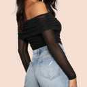 SAUNGKUAI Women's Off The Shoulder Long Sleeve Bodysuit Sexy Slimming Body Suit Tops Sheer Mesh Ruched Fall Outfits 2026 (Black, L)