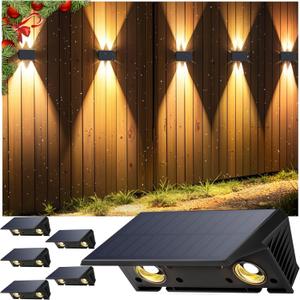 Fence Lights Solar Powered, 6-Pack Solar Fence Lights Up/Down Flexible Buttons, IP67 Waterproof for Outdoor, 100LM Bright, Auto Dusk to Dawn for Wall/Stairs/Yard/Railing/Deck/Pathway (Warm White)