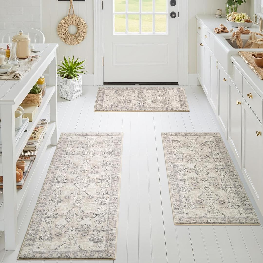 GRANNY SAYS Boho Kitchen Rug Sets of 3, Non Slip Washable Faux Wool Kitchen Mats for Floor, Thick Soft Anti-Fatigue Comfort Standing Mat Runner Rugs for Hallway Laundry Room, Beige (1'8" x 4'11" (20" x 59" + 20" x 48" + 20" x 32"))