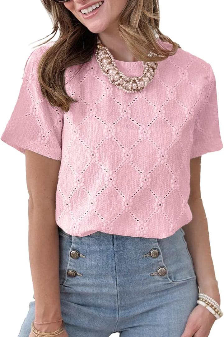Dokotoo Women's Tops Casual Scoop Neck Short Sleeve Eyelet Embroidered Hollow Out Blouses Shirts (Pink, M)