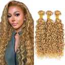 Honey Blonde Human Hair Bundles 30 32 34 Inch Water Wave Bundles Human Hair Unprocessed Native Virgin Hair 100/PC 3 Extensions #27 Blonde Color Curly Wet and Wavy Human Hair Extensions for Women