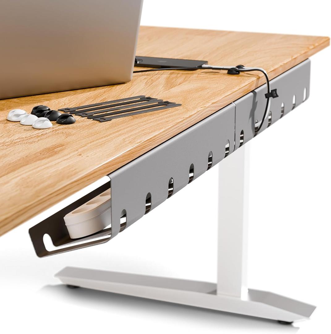 PAMO Cable Management Under Desk for Easy mounting Under-Table I Set of 2 - with 10X Cable Ties I Desk Organizer for Office/Home Office Table Thoughtful Cable Tray Holder (Grey)