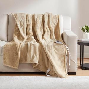 Beautyrest Heated Blanket, Electric Throw Blanket, Soft, Warm, Reversible Plush - Sherpa Heating Blanket Throw, 3 Heat Settings, 2 hr Auto Shut Off, Machine Washable, Oversized 60 in x 70 in, Beige