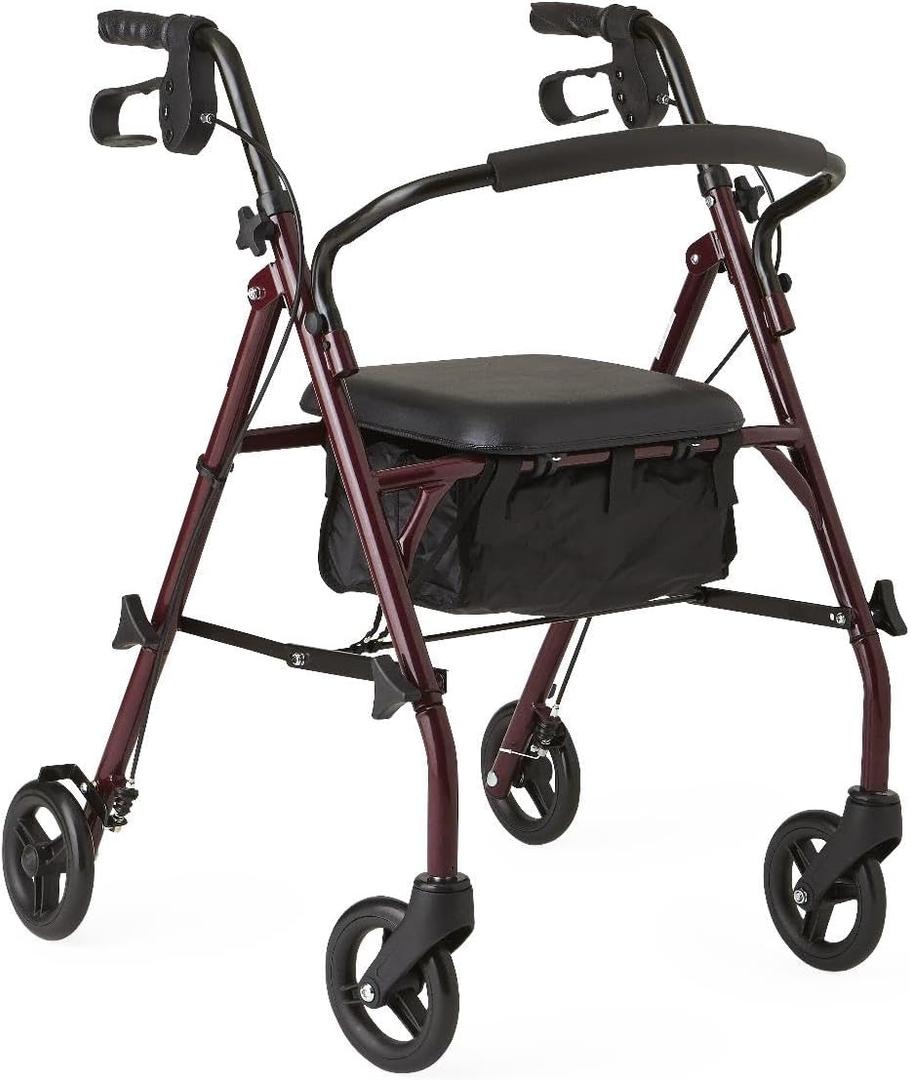 Medline Steel Rollator Walker with Seat, Burgundy, 350 lb. Weight Capacity, 6 Wheels, Foldable, Height Adjustable, Rolling Walker for Seniors, Walker for Mobility Impaired