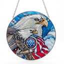 2 x Bald Eagle Stained Glass Window Hanging, Patriotic Eagle Suncatcher with American Flag, Real Glass Window Decor Gift for Veterans Dad Grandpa