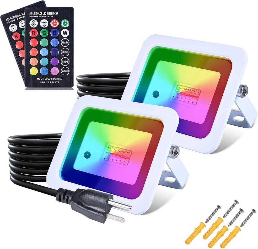 MIWAT 20W 2Pack LED Flood Light, Plug in RGB LED Color Changer Lamp with Remote, IP68 Waterproof Outdoor Floodlights for Wedding, Garden, Playground, Party