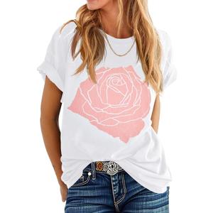 Womens Rose Graphic Tee T Shirt Loose Fit Summer Short Sleeve Casual Boyfriend Crew Neck Tops (X-Large)