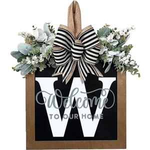 14 Last Name All Year Round Front Door Wreath, 26 Letter Welcome Sign Door Wreaths for Front Door Outside, Welcome Garland and Eucalyptus and Bow Suitable for All Seasons for Outdoor Decoration (W)