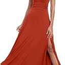 Women's Deep V Neck Short Sleeve Flowy Maxi Dress Summer Pleated High Waist Slit Club Long Party Evening Dresses,(S, Dark Orange)
