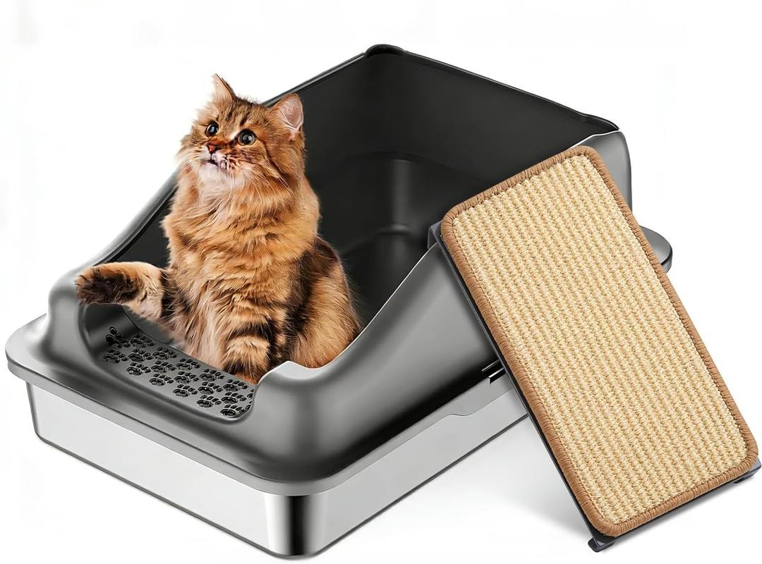 Stainless Steel Cat Litter Box with Natural Sisal Cat Scratching Mat Non-Sticky,Anti-Leakage,Easy Cleaning