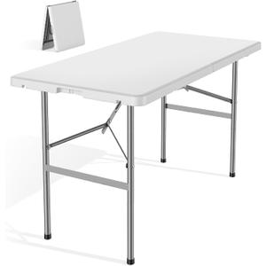 DUMOS 4 Feet Folding Picnic Table, Plastic Table with Carrying Handle, Heavy Duty Portable Table for Camping Party, White