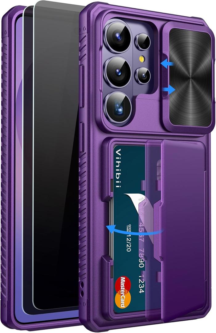 Vihibii for Samsung Galaxy S26 Ultra Case with 2X Privacy Screen Protector [Tempered Glass], Card Holder (4 Cards) [RFID Blocking] & Slide Camera Cover, Rugged Wallet Case for S26 Ultra, Dark Purple