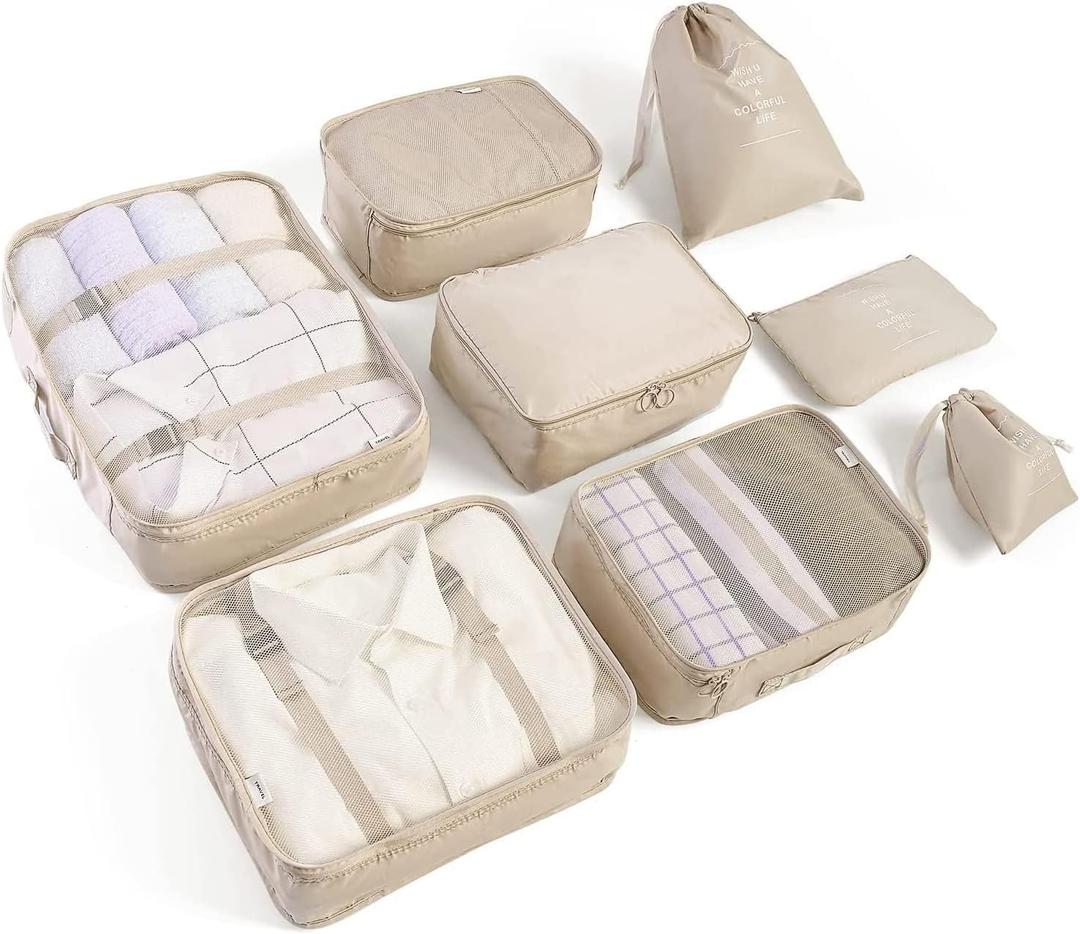 LANSKLBD 8 Set Packing Cubes for Suitcases Travel Luggage Packing Organizers,Travel Accessories Essentials Luggage Organizer with Shoe/Tioletry/Laundry Bag, Beige
