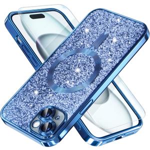 Misea Magnetic for iPhone 15 Plus Case Compatible with MagSafe [Military Grade Drop Protection] Full Camera Lens Protector Plating Glitter Soft Phone Case for Women Girls, Blue