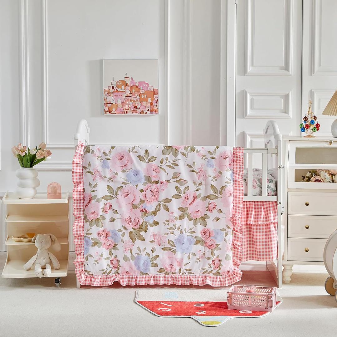 3 Piece Floral Crib Bedding Set, Soft Quilted Baby Comforter with Fitted Sheet & Ruffled Crib Skirt, Breathable and Cozy Shabby Chic Nursery Decor (Pink)