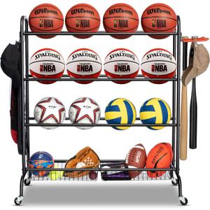 Basketball Rack, Rolling Basketball Shooting Training Stand,Sports Equipment Storage with Wheels, Four-Layer Organizer Holder with Two Basket for Basketballs Footballs Volleyball (Black)