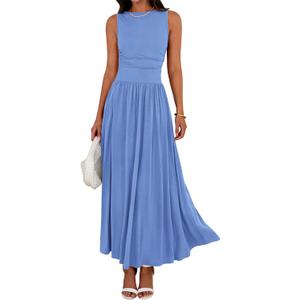 BTFBM Summer Maxi Dresses for Women 2026 Spring Sleeveless Casual Ruched High Waisted Long Sundress Flowy Beach Dress (Small, Light Blue)