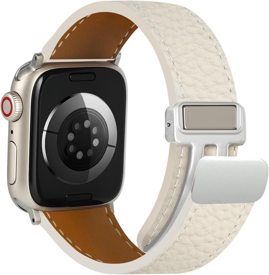 Leather Magnetic Watch Band Compatible with Apple Watch 46mm 45mm 44mm 42mm 41mm 40mm 38mm, Top Grain Designer Replacement Strap for Women Men iWatch Series 10/9/8/7/6/5/4/3/2/1/SE/Ultra 2