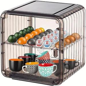 Coffee Bar Organizer for Countertop - 2 Tier,Mug & Coffee Cup, K Cup Pod Storage Shelf, Multifunctional Kitchen Cabinet organizer for Coffee Bar & Kitchen Condiments (Grey, Medium)