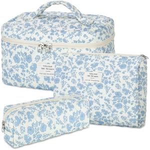 senbowe Floral Makeup Bag, 3 Pack Large Cotton Quilted Makeup Bag Set, Cute Floral Coquette Aesthetic Toiletry Bag Make Up Cosmetic Bag for Women, Toiletry Travel Make Up Organizer Bag (Blue-White)