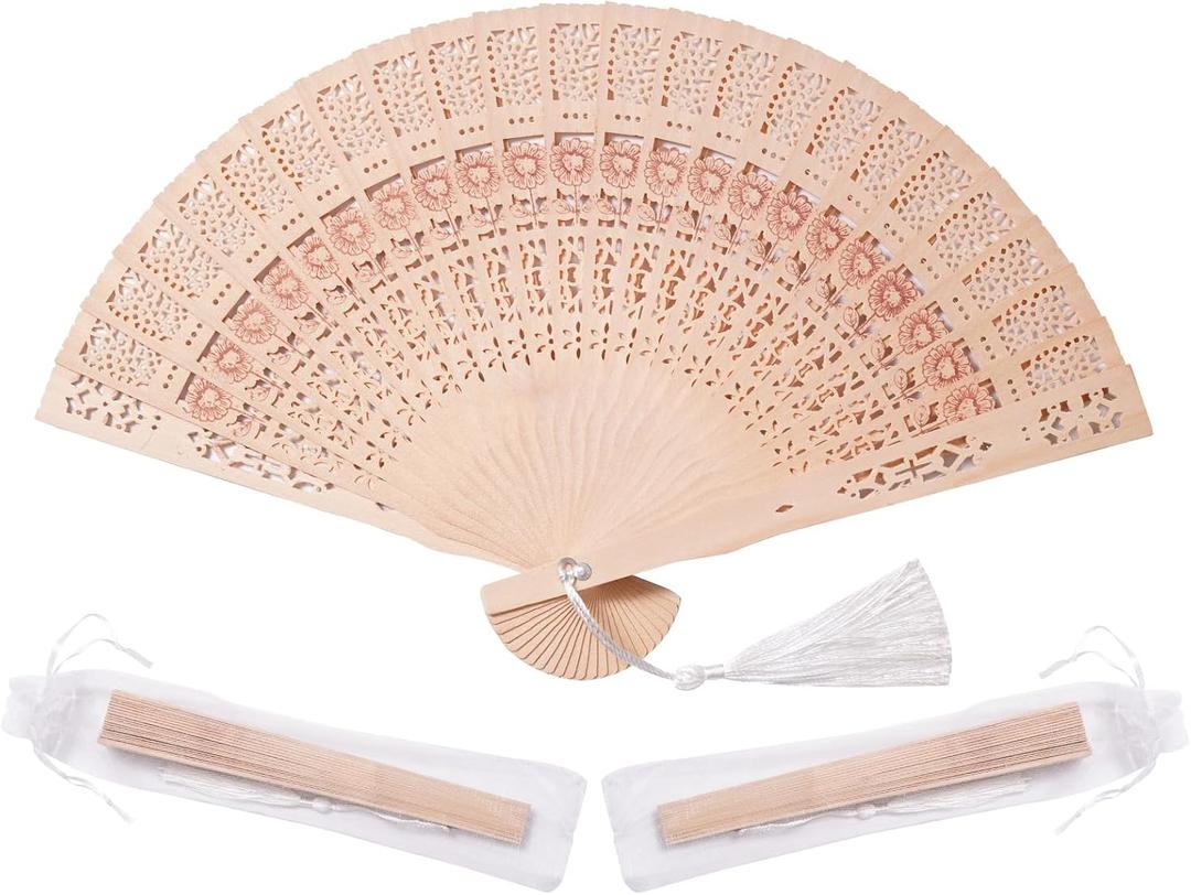 50 Sets Wooden Hand Fan Baby Shower Party Favors with Organza Bags and Tassels Wooden Folding Fan Sunflower Pattern