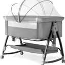 Bedside Crib, 3 in 1 Bassinet with Quick Height Adjustment and Mosquito Nets Rocking Bassinet for Baby, Bedside Bassinet with Wheels, Easy to Fold, Golden Triangle Structure（Dark Grey）