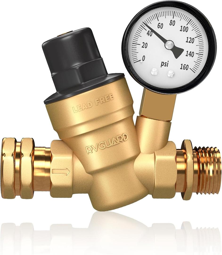 RVGUARD RV Water Pressure Regulator Valve, Brass Lead-Free Adjustable Water Pressure Reducer with Gauge and Inlet Screen Filter for RV Camper Travel Trailer