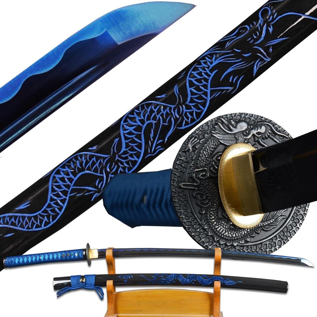 41 inch Handmade Japanese Samurai Katana Sword Full Tang for Man Gift Cosplay Decoration Self Defense (blue)