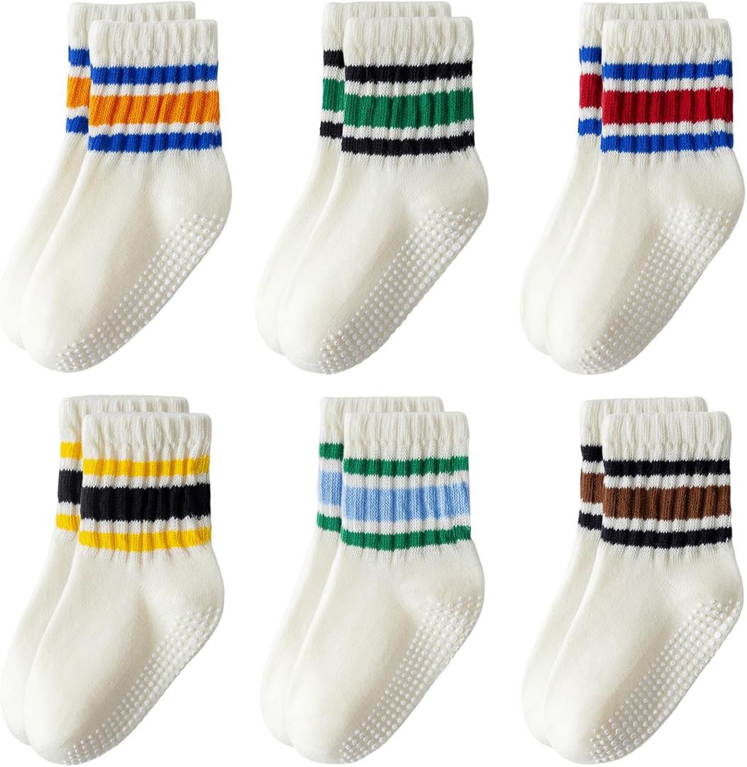 Toddler Non-Slip Socks,Unisex Baby Grip Crew Seamless Cotton Socks with Retro Stripe for Boys Girls Kids 6 Pairs (3-5T, Mixed-off White)