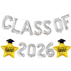 3 x Silver Class of 2026 Balloons Banner, 16 Inch Graduation Decorations Class of 2026 Balloons for High School College Graduation Party Graduation Decorations