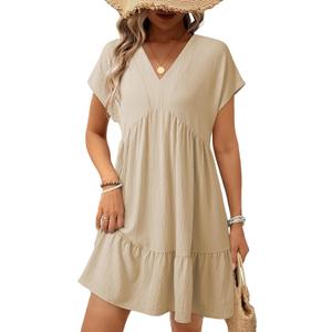 Acelitt Women's Summer Dresses 2026 Beach Casual Deep V Neck Loose Sundress Short Sleeve Mini Dress with Pockets(Size Down) (Large, Parchment)