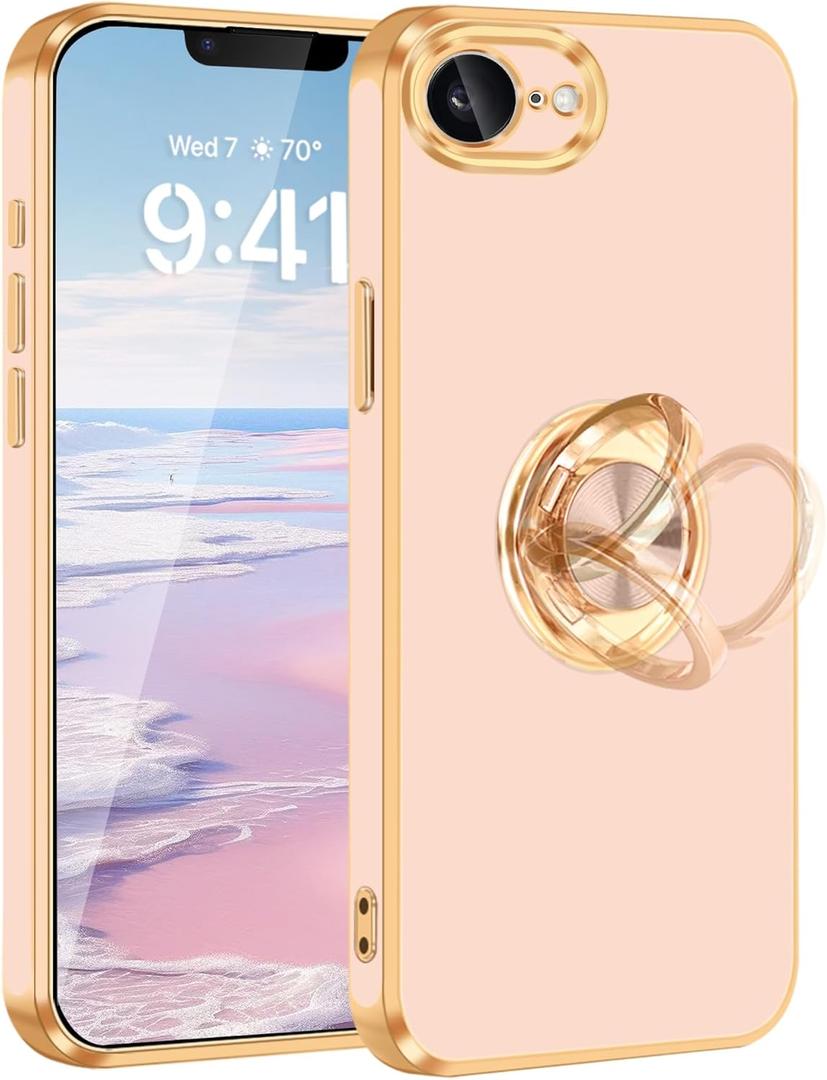 Fingic for iPhone 17e/ 16e Case, with 360 Rotatable Ring Holder Magnetic Kickstand, Shiny Plating Gold Edge Slim Soft TPU Shockproof Protective Cover for Women Men for iPhone 16e/ 17e 6.1",Rose Gold