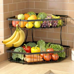 2 Tier Fruit Basket for Kitchen Counter - Detachable Metal Fruit Bowl with 2 Banana Hangers for Corner , Large Capacity Fruit Stand with Wooden Handle for Bread Fruit and Vegetable Storage