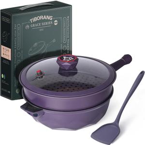 TIBORANG 8 in 1 Multipurpose 11 Inch 5 Qt Frying Pans Nonstick with Lid,Steamed Grid,PFOA-Free,Dishwasher&Oven Safe,Works with All Stovetops (Purple)