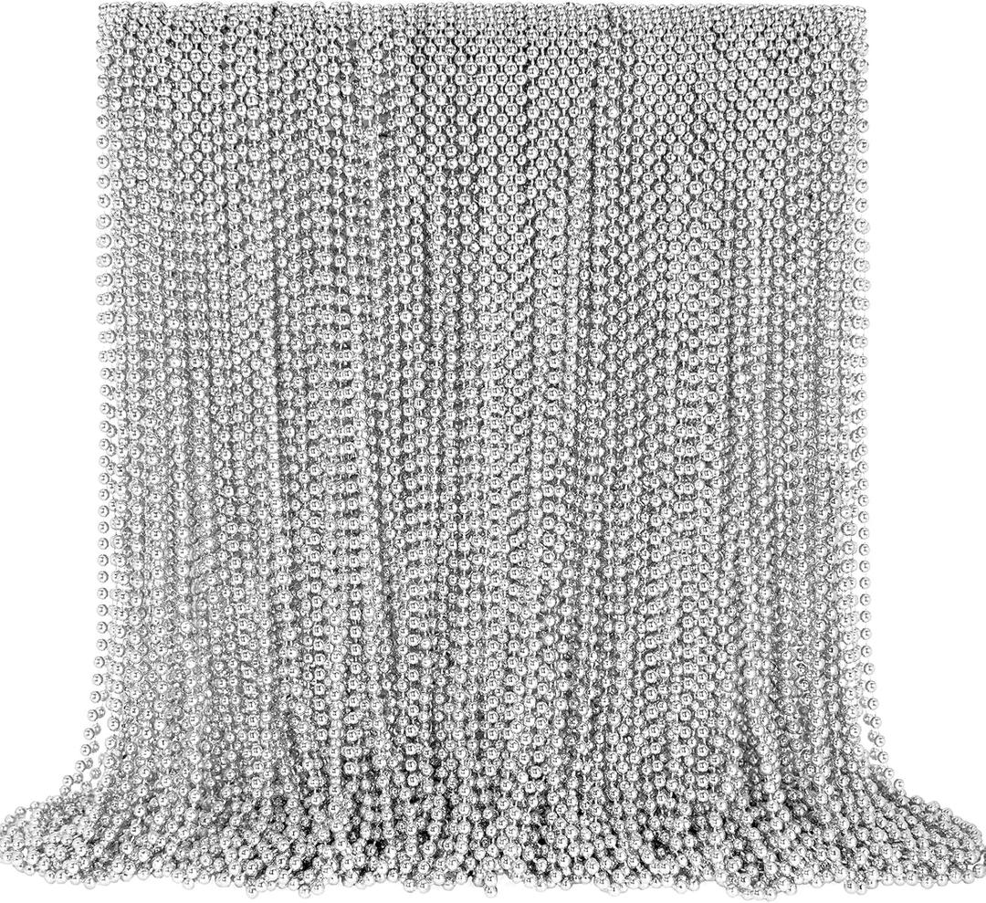 144 PCS Silver Bead Necklaces, Silver Mardi Gras Christmas Beads Necklace, Patriotic Necklaces, 33 Inch Beaded Necklace for Mardi Gras Christmas Party, 4th of July and New Year Eve Festive Events