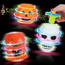 DERAYEE Halloween Basket Stuffers for Kids, 3PCS LED Pumpkin Skull Light Up Spinning Tops Halloween Spinning Toys Gifts for Halloween Party Favors Goodie Bag Fillers Classroom Rewards