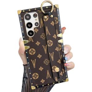 Compatible for Samsung Galaxy S25 Ultra Case Luxury Designer with Wristband Strap Leather Case Kickstand Holder Protective Women Girly Phone Cover for S25 Ultra (Brown)