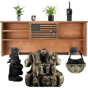 DoubleFill Police Gear Rack Police Vest Hanger Wall Mounted, USA Flag Tactical Gear Stand with Gun Safe Storage, Law Enforcement Organizer Accessories for Men Officer Gifts, Walnut, Locker