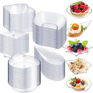 Tessco 100 Pcs Mini Dessert Plates Set, Disposable Appetizer Plates Assorted Shape Mini Plastic Spoons for Wedding Party Birthday(Clear)