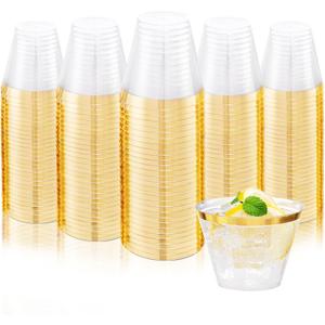 Ciaell 200PCS Gold Plastic Cups - 9Oz Heavy Duty Disposable Clear Plastic Cups with Gold Rim for Wine, Cocktail, Party & Wedding