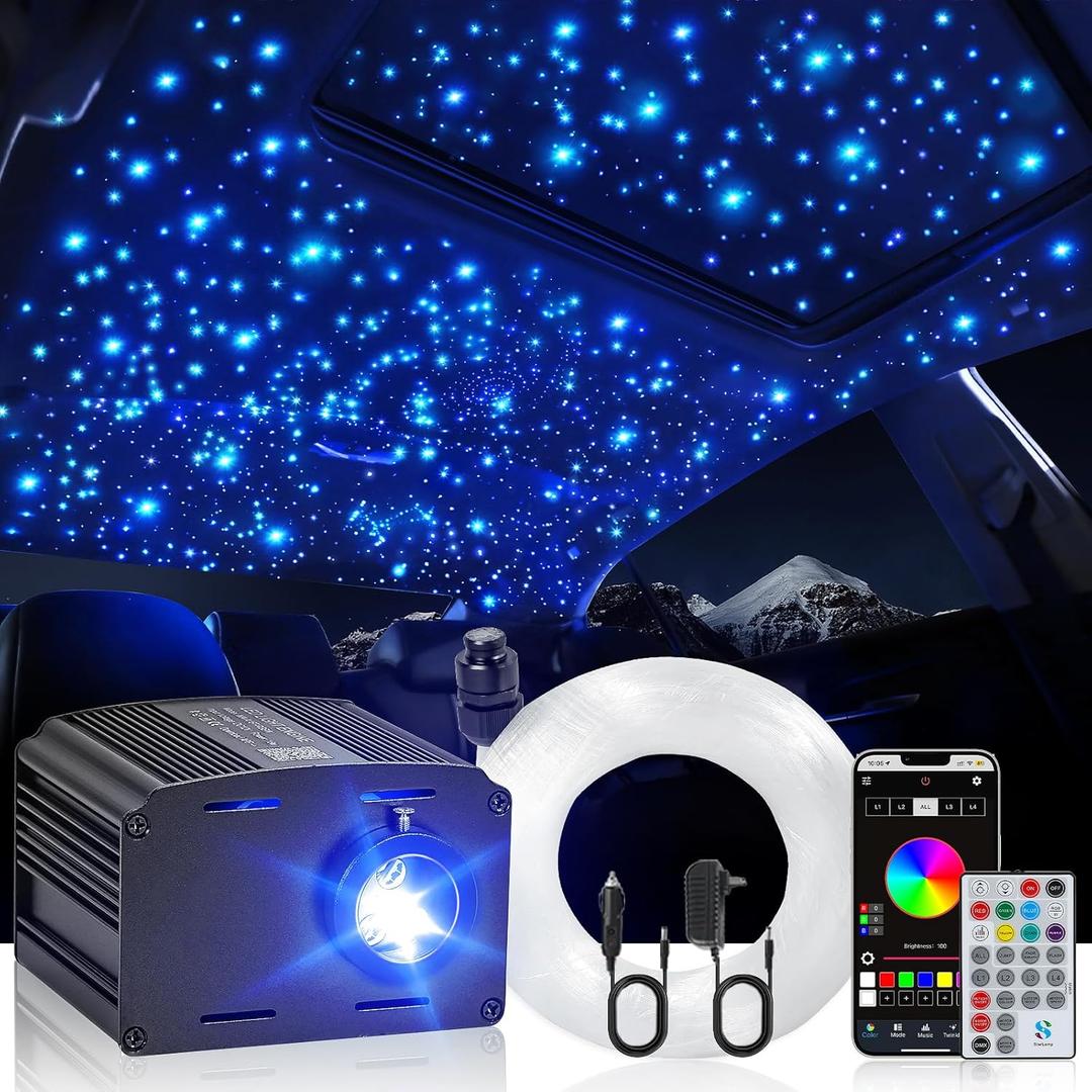 Car Starlight Headliner Kit, Twinkle & Sound Activated RGBW 16W 600pcs*0.02in*9.8ft Fiber Optic Starlight Kit with APP& Remote Controlled, Star Lights for Ceiling Car Roof/ Home Decor